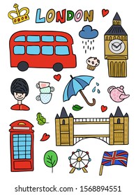 London doodles elements collection. Hand drawn illustrations set with tower bridge, crown, big ben, royal guard, red bus, UK flag, tea pot and more.