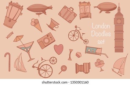 London doodles illustration drawing landscape set, vintage wallpaper. Sketch of balloon, tower, trolley.