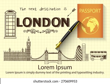 London doodles on yellow paper with 3D fountain pen and passport.
