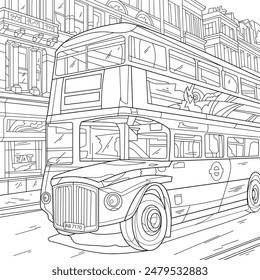 Ilustración vectorial de Contorno de Autobús de Doble Piso de Londres. Página para colorear de Double Decker Bus. Página Para Colorear Para Adultos.