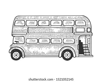 London Double decker bus sketch engraving vector illustration. Tee shirt apparel print design. Scratch board style imitation. Black and white hand drawn image.