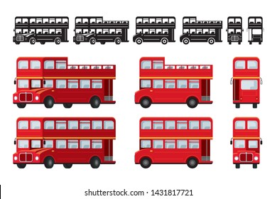 London Double Decker Bus, Tourist Attraction, Front And Side View, Silhouette Symbol