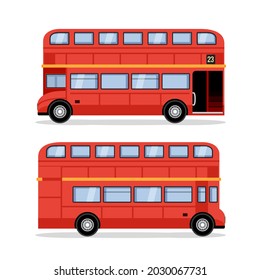 London double decker red bus cartoon illustration, English UK British tour front side isolated flat bus icon