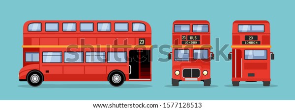 London double decker\
red bus cartoon illustration, English UK british tour front side\
isolated flat bus icon.