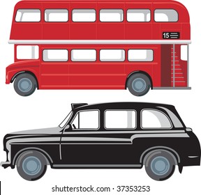 London doubledecker red bus and traditional taxi cab