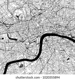 London Downtown Vector Map Monochrome Artprint, Outline Version for Infographic Background, Black Streets and Waterways