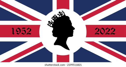 London, London, England 09.08.2022 Death Queen Elizabeth Side Profile Of Young In Crown On British Flag Funeral Ruling 70 Year From 1952 To 2022 Date Of Death