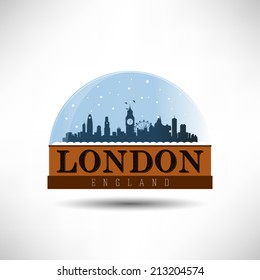 London, England City Skyline Silhouette In Snow Globe Vector Illustration. Winter Design.