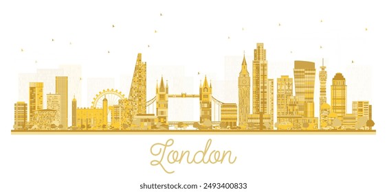 London England City Skyline Silhouette mit goldenen Gebäuden isoliert auf weißem Hintergrund. Vektorillustration. Das Stadtbild von London mit Wahrzeichen.