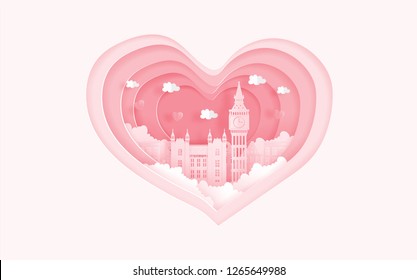 London, England famous landmarks in love concept with heart shape. Valentine's card and travel advertising for couple. Paper cut style vector illustration.