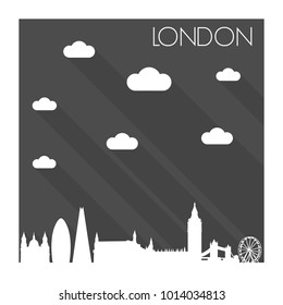 London England Great Britain UK Europe Flat Icon Skyline Silhouette Design City Vector Art Famous Buildings Monochrome Background Clouds Sky