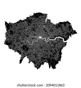 London, England, high resolution vector map with city boundaries, and editable paths. The city map was drawn with white areas and lines for main roads, side roads and watercourses.