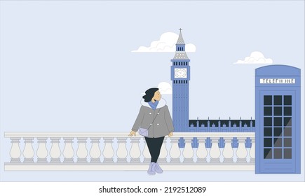 London, England - The iconic British old blue telephone box with woman standing. the Big Ben at background in the center of London. London skyline with Big Ben and Houses of parliament. vector