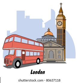 London England including Big Ben and a double decker tour bus.