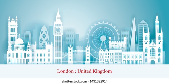 London, England Landmarks Skyline Paper Cutting Style, Famous Place, Travel and Tourist Attraction