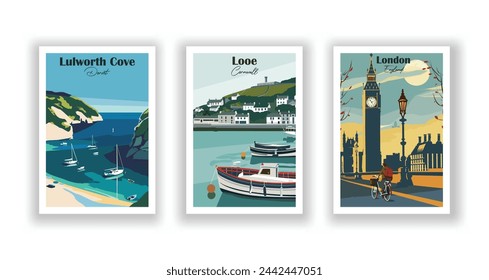 London, England. Looe, Cornwall. Lulworth Cove, Dorset - Set mit 3 Vintage-Reiseplakaten. Vektorgrafik. Qualitativ hochwertige Ausdrucke