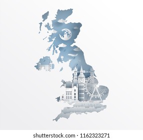 London, England with map concept and England famous landmarks in paper cut style vector illustration. Travel poster, postcard and advertising design.