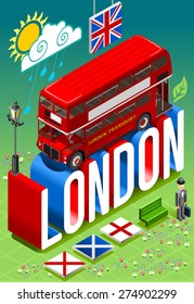 London (England) postcard isometric concept 3d vector background Double decker red bus english gentleman with bowler hat Flat trendy illustration Icon. 