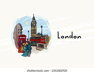 London. England. Road with cars on the background of Big Ben.The area Palace of Westminster and Westminster Abbey. Red bus, telephone, kissing couple.