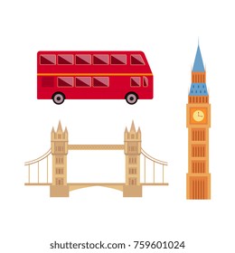 London, England set - Big Ben, Tower Bridge and red double-decker bus, flat vector illustration isolated on white background. Set of flat England symbols - Big Ben, Tower Bridge, double-decker bus