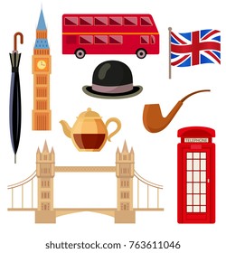 London, England set - Big Ben, Tower Bridge, double-decker bus, red telephone box, British flag, pipe, teapot, bowler hat, umbrella, flat vector illustration isolated on white background. English set