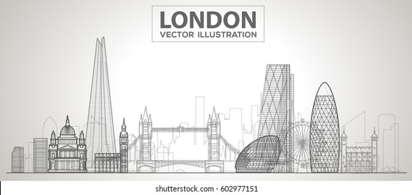 london (england) skyline with panorama in white background. Vector line Illustration. Business travel and tourism concept with modern buildings. Image for banner or web site.