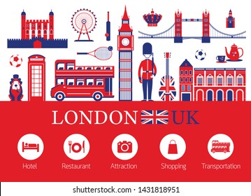 London, England and Travel Accommodation Icons, Famous Place, Tourist Attractions and Objects