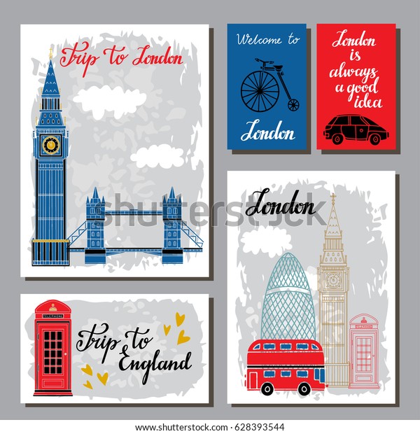 London, England travel cards. Big Ben, bridge,\
bus, phone booth,\
bicycle, car hand drawn isolated. Handwritten\
font, lettering