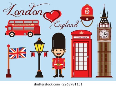 London england travel set vector graphic with big ben in red colors