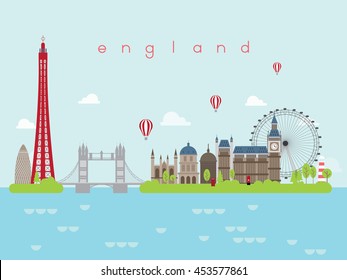 London England and UK Famous Landmarks Infographic Templates for Traveling Minimal Style and Icon, Symbol Set Vector Illustration Can be use for Poster Travel book, Postcard, Billboard.