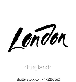 London, England, UK hand-lettering calligraphy. hand drawn vector stock illustration. Modern brush ink. Isolated on white background.