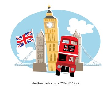 London, England UK montage with Big ben, London Bus, London Bridge and Union Jack flag