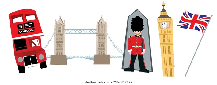 London, England UK, vector elements includingLondon Bus, London Bridge, Palace Guard, Big Ben, Union Jack