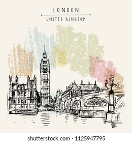 London, England, United Kingdom. Big Ben, Houses of Parliament, river Themes and Westminster bridge. Travel sketch. Vintage hand drawn postcard, poster, book illustration. Vector artwork