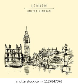 London, England, United Kingdom. Big Ben, Houses of Parliament, river Themes and Westminster bridge. Travel sketch. Vintage hand drawn postcard, poster, book illustration. Vector artwork