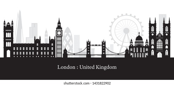 London, England and United Kingdom Landmarks Skyline Silhouette, Famous Place, Travel and Tourist Attraction