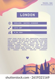 London, England vector infographics, brochure layout. Guide, leaflet, flyer, advertising graphic template with text, information, UK city skyline shape. Page, festival, cover mock up image