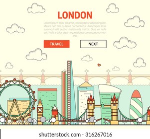 London, England view of street  sights in flat style doodle element. Background with button for site. Things to do around the city. Watches and ferris wheel. Skyscraper. Bridge