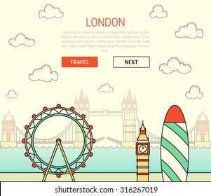 London, England view of street  sights in flat style doodle element. Background with button for site. Things to do around the city. Watches and ferris wheel. Skyscraper. Bridge