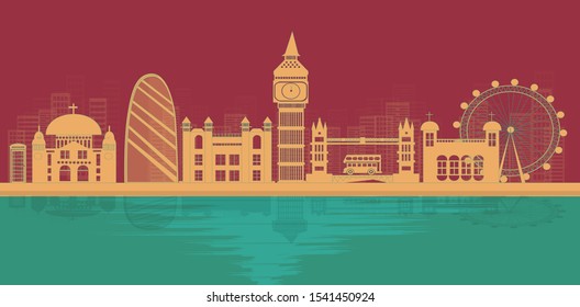 London, England With views of famous landmarks and world-class cities, tourism poster illustrations Paper cutting,Panorama of top world famous landmark of London - vector