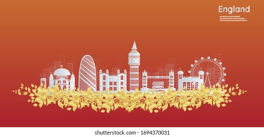 London, England With views of famous landmarks and world-class cities, tourism poster illustrations Paper cutting,Panorama of top world famous landmark of London - vector