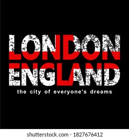 LONDON, ENGLAND, WORDS DESIGN, T-SHIRT DESIGN, BLACK CLOTH, SCREEN PRINTING, WHITE AND RED, WITH GRUNGE.