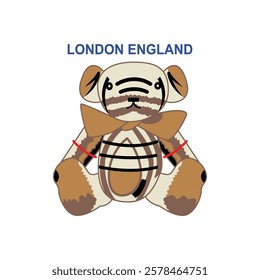 London england. Written in blue and below there is a brown, white, black and red stripes teddy bear. Vector for silkscreen, dtg, dtf, t-shirts, signs, banners, Subimation Jobs or for any application.