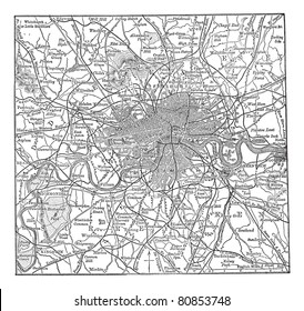 London and its environs, during the 1890s, vintage engraving.  Old engraved illustration of London  map with its environs. Trousset encyclopedia (1886 - 1891).