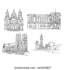 London Famous Buildings, Monochrome Outlined Travel Landmarks, Scalable Vector Illustration svg