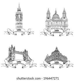 London famous buildings set. Engraving collection of London landmarks: Big Ben, Tower Bridge, St. Paul Cathedral, Harrods store. Travel UK icon collection.