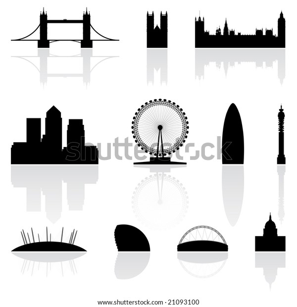 London\
famous landmarks isolated on a white\
background