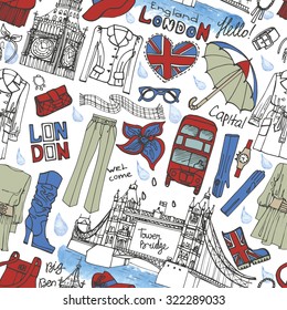 London fashion seamless pattern.Outerwear woman clothing and england famous landmarks,rain drops.Hand drawing stylish doodle sketch.European Travel,holiday.Tower bridge,Big Ben.Illustration background