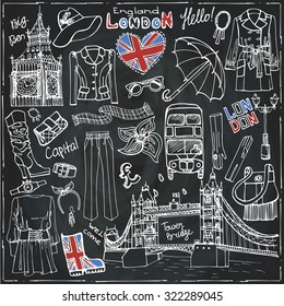London fashion set.Outerwear woman clothing and england famous landmarks.Hand drawing stylish doodle sketch.European Travel,holiday.Tower bridge,Big Ben.Illustration on Chalkboard
