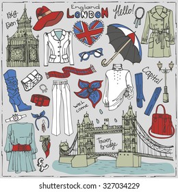 London fashion set.Outerwear woman clothing and england famous landmarks.Hand drawing stylish doodle sketch.European Travel,holiday.Tower bridge,Big Ben.Illustration